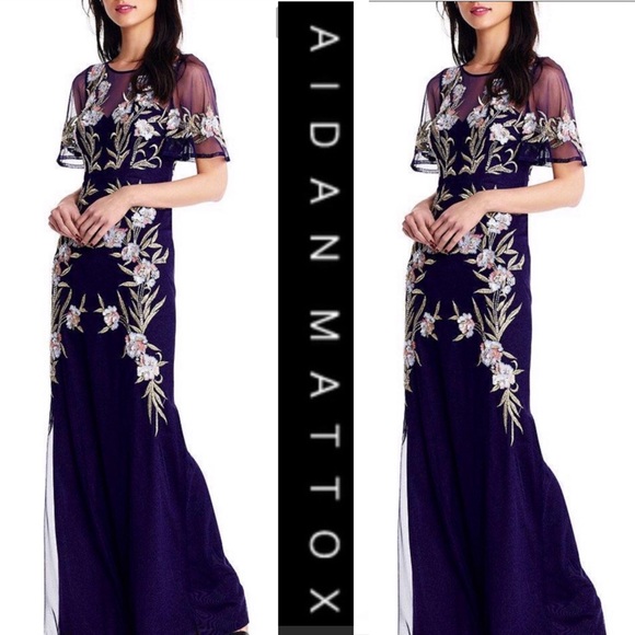 Aidan Mattox floral beaded short sleeves long gown - Picture 2 of 9